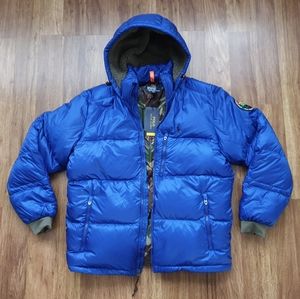 Polo Ralph Lauren Hooded Down Jacket Sportsmen 750 Fill Blue/Camo Sherpa Hood